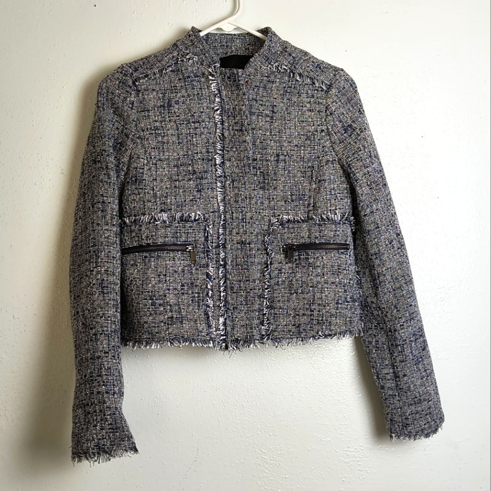 Banana Republic Size 2 Collarless Tweed Full Zip Jacket Cropped Raw Hem